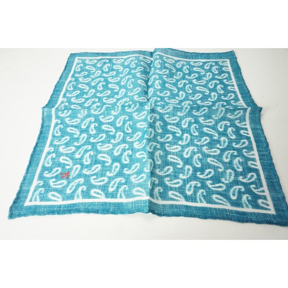 Isaia Blue White Paisley 100% Linen Pocket Square Italy New